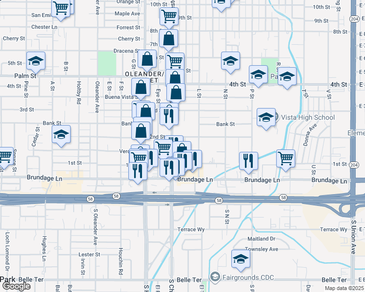 map of restaurants, bars, coffee shops, grocery stores, and more near 127 K Street in Bakersfield