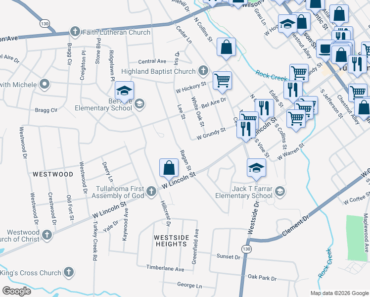 map of restaurants, bars, coffee shops, grocery stores, and more near 114 Ragan Street in Tullahoma