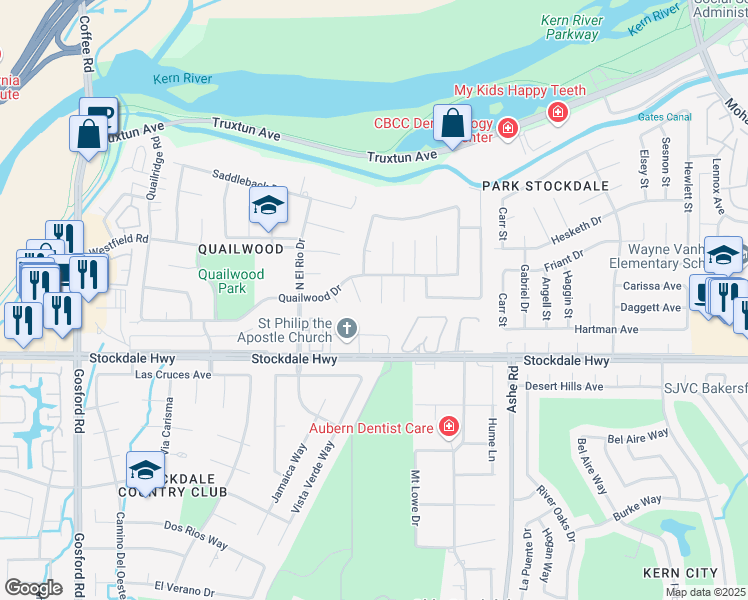 map of restaurants, bars, coffee shops, grocery stores, and more near 307 Quail Run Court in Bakersfield