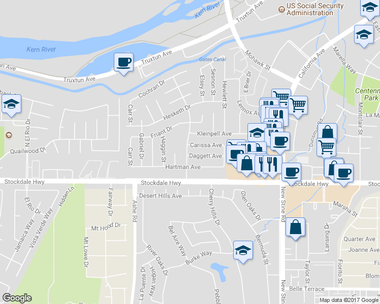 map of restaurants, bars, coffee shops, grocery stores, and more near 5916 Daggett Avenue in Bakersfield