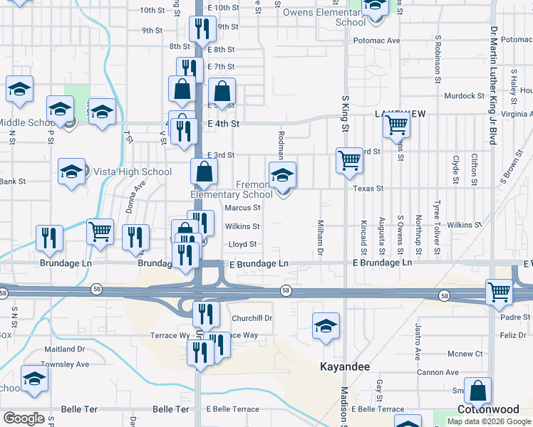 map of restaurants, bars, coffee shops, grocery stores, and more near 421 Marcus Street in Bakersfield