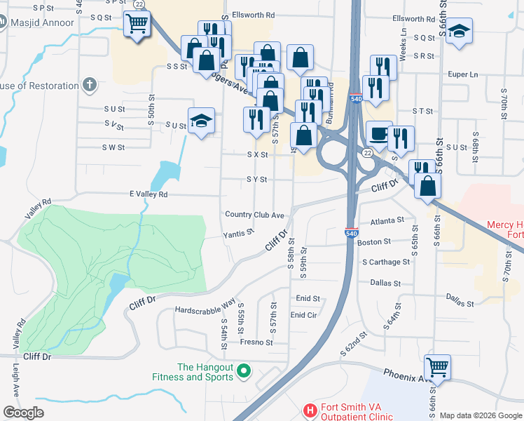 map of restaurants, bars, coffee shops, grocery stores, and more near 2719 South 56th Street in Fort Smith