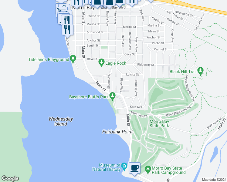 map of restaurants, bars, coffee shops, grocery stores, and more near 218 Barlow Lane in Morro Bay