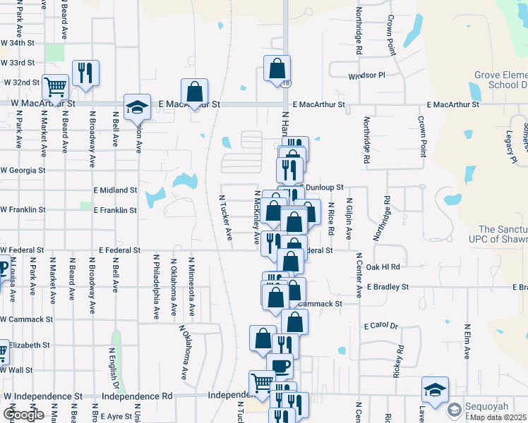 map of restaurants, bars, coffee shops, grocery stores, and more near 2203 North McKinley Avenue in Shawnee