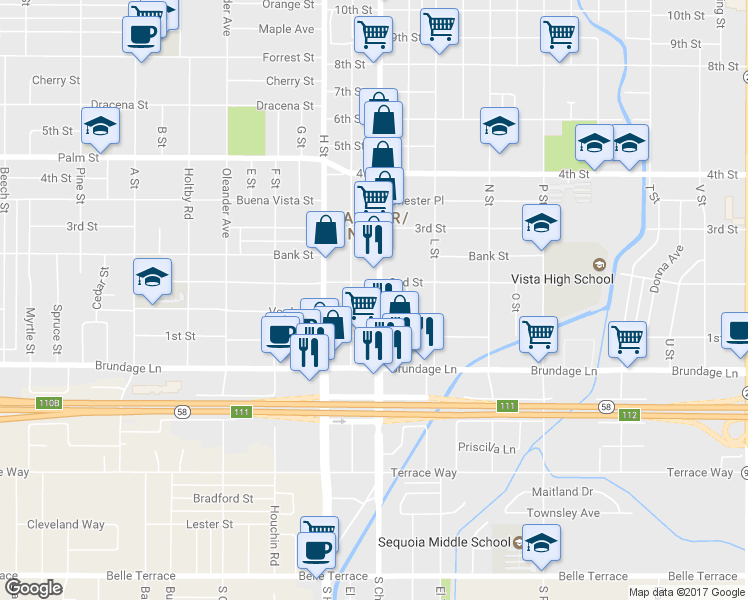 map of restaurants, bars, coffee shops, grocery stores, and more near 147 Chester Avenue in Bakersfield