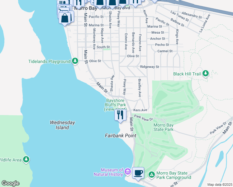 map of restaurants, bars, coffee shops, grocery stores, and more near 218 Barlow Lane in Morro Bay