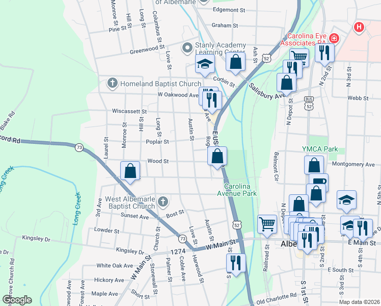 map of restaurants, bars, coffee shops, grocery stores, and more near 617 Austin Street in Albemarle