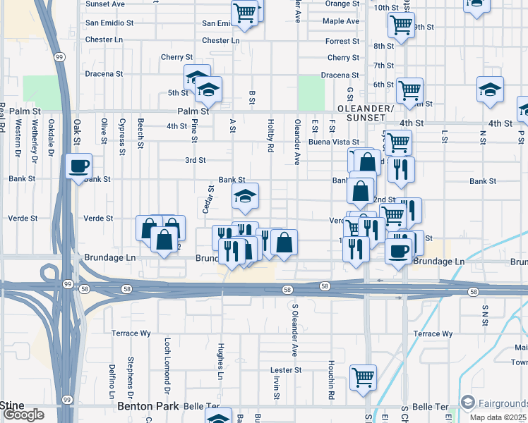 map of restaurants, bars, coffee shops, grocery stores, and more near 2324 Verde Street in Bakersfield