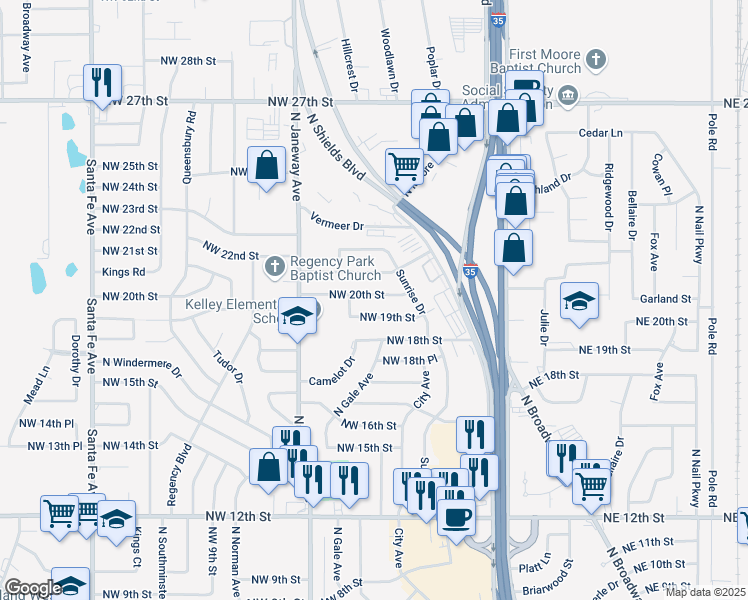 map of restaurants, bars, coffee shops, grocery stores, and more near 632 Northwest 20th Street in Moore