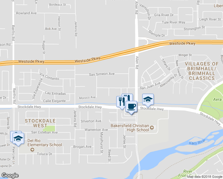 map of restaurants, bars, coffee shops, grocery stores, and more near 116 Cortez Court in Bakersfield