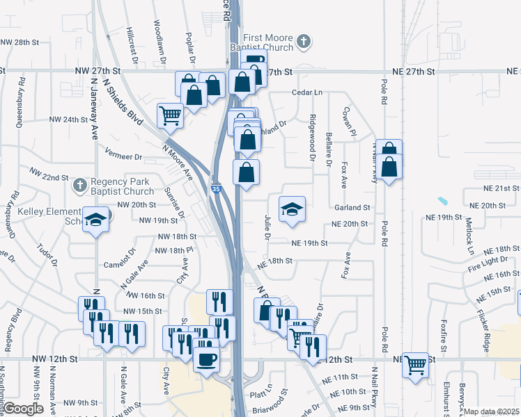 map of restaurants, bars, coffee shops, grocery stores, and more near 2024 Julie Drive in Moore