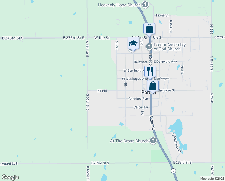 map of restaurants, bars, coffee shops, grocery stores, and more near E1145 in Porum
