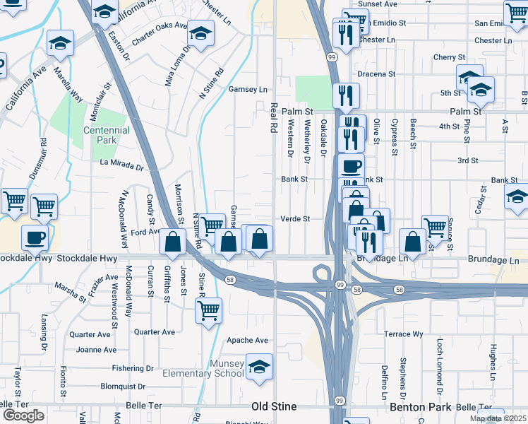 map of restaurants, bars, coffee shops, grocery stores, and more near 119 Real Road in Bakersfield