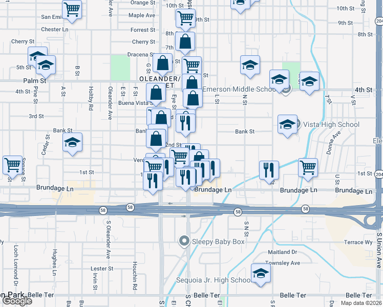 map of restaurants, bars, coffee shops, grocery stores, and more near 124 Chester Avenue in Bakersfield