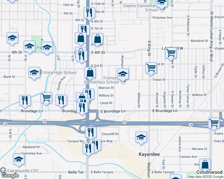 map of restaurants, bars, coffee shops, grocery stores, and more near 421 Marcus Street in Bakersfield