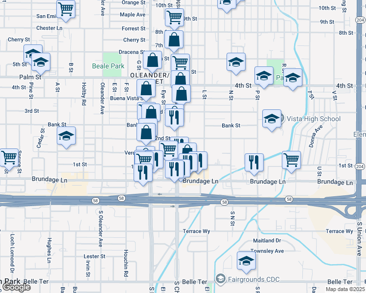 map of restaurants, bars, coffee shops, grocery stores, and more near 147 Chester Avenue in Bakersfield