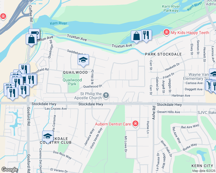 map of restaurants, bars, coffee shops, grocery stores, and more near 401 Peregrine Court in Bakersfield