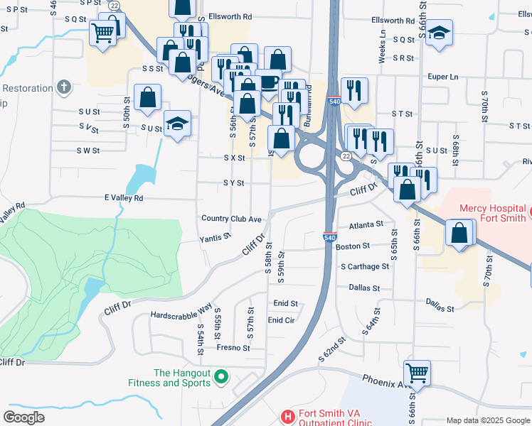 map of restaurants, bars, coffee shops, grocery stores, and more near 2717 South 57th Street in Fort Smith