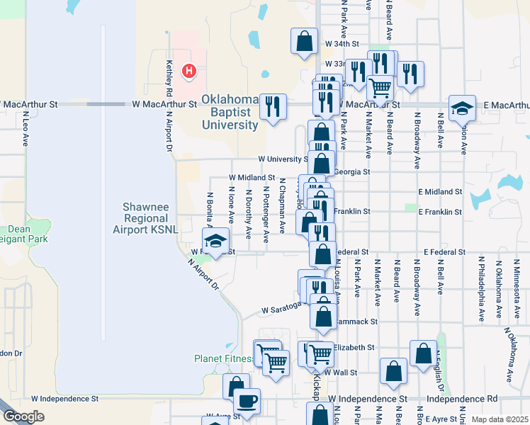 map of restaurants, bars, coffee shops, grocery stores, and more near 802 West Franklin Street in Shawnee