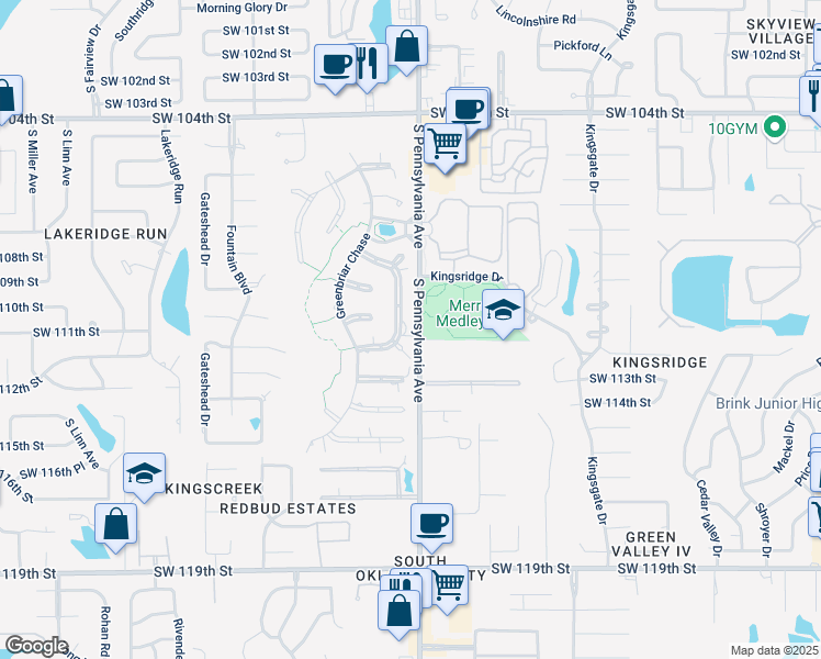 map of restaurants, bars, coffee shops, grocery stores, and more near 11124 Abbeywood in Oklahoma City