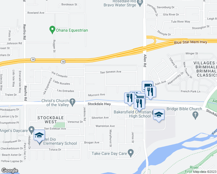 map of restaurants, bars, coffee shops, grocery stores, and more near 112 El Paso Road in Bakersfield
