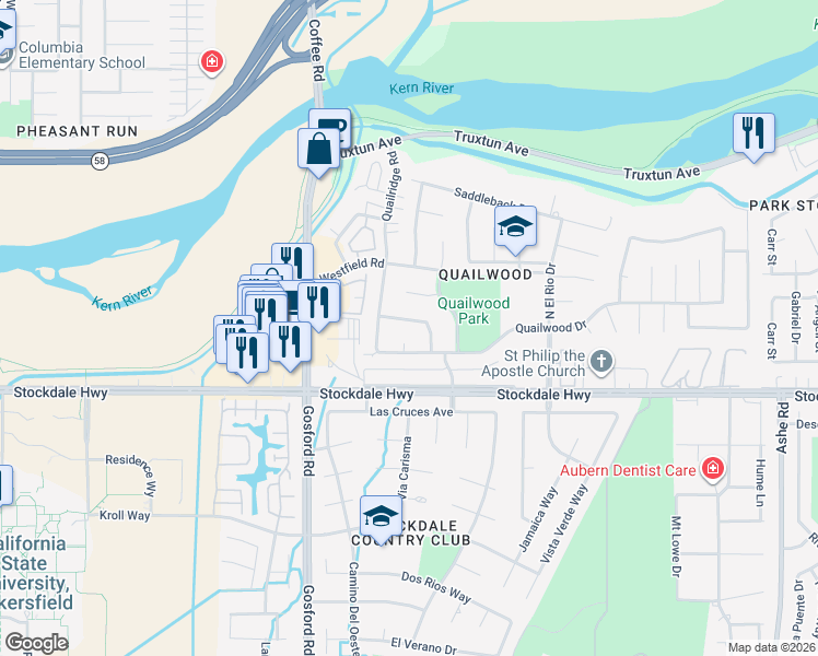 map of restaurants, bars, coffee shops, grocery stores, and more near 7601 Wide Loop Road in Bakersfield