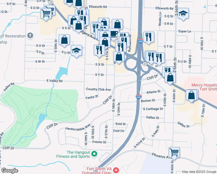 map of restaurants, bars, coffee shops, grocery stores, and more near 2717 South 57th Street in Fort Smith