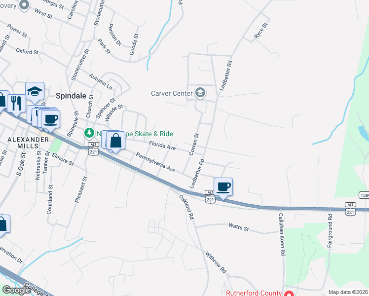 map of restaurants, bars, coffee shops, grocery stores, and more near 269 Florida Avenue in Spindale