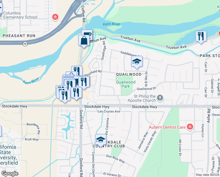 map of restaurants, bars, coffee shops, grocery stores, and more near 7601 Wide Loop Road in Bakersfield