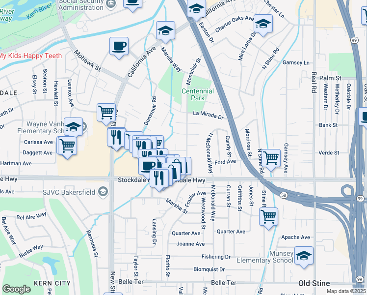 map of restaurants, bars, coffee shops, grocery stores, and more near 191 Montclair Street in Bakersfield