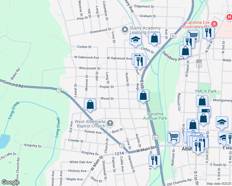 map of restaurants, bars, coffee shops, grocery stores, and more near 617 Love Street in Albemarle
