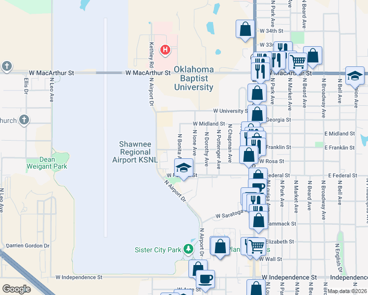 map of restaurants, bars, coffee shops, grocery stores, and more near 1028 West Franklin Street in Shawnee