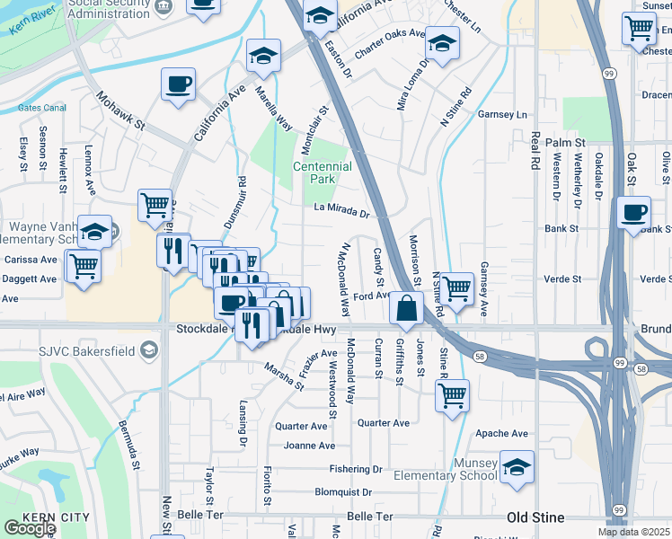 map of restaurants, bars, coffee shops, grocery stores, and more near 4601 El Monte Way in Bakersfield