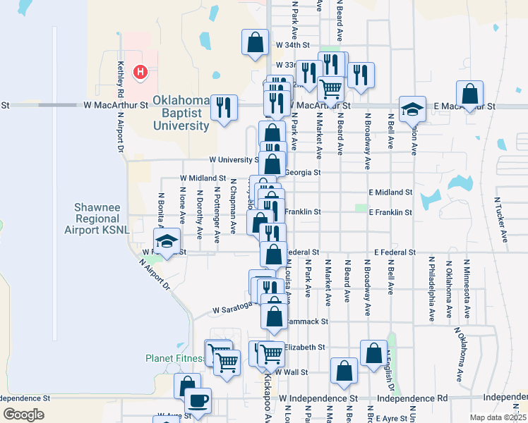 map of restaurants, bars, coffee shops, grocery stores, and more near 2202 North Kickapoo Avenue in Shawnee