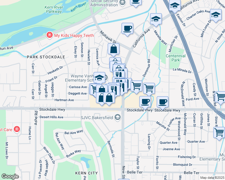 map of restaurants, bars, coffee shops, grocery stores, and more near 5558 California Avenue in Bakersfield