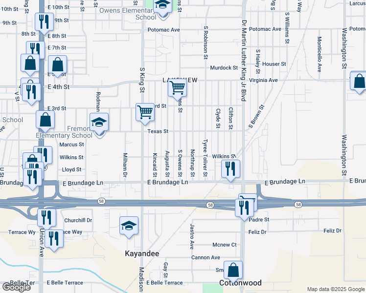 map of restaurants, bars, coffee shops, grocery stores, and more near 115 South Owens Street in Bakersfield