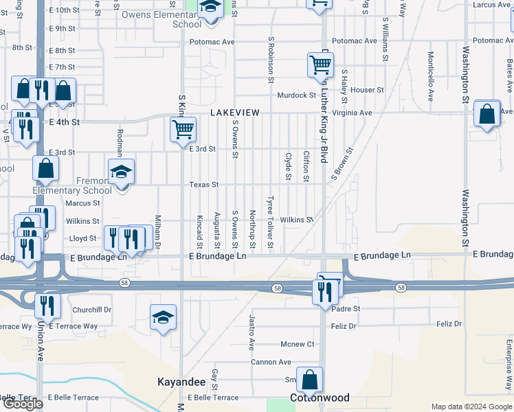 map of restaurants, bars, coffee shops, grocery stores, and more near 117 Northrup Street in Bakersfield