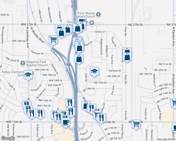 map of restaurants, bars, coffee shops, grocery stores, and more near 2024 Julie Drive in Moore