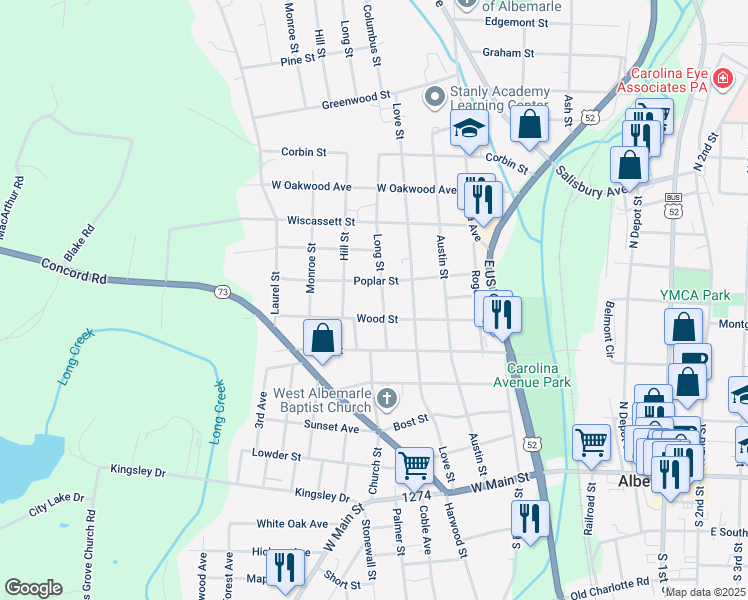 map of restaurants, bars, coffee shops, grocery stores, and more near 617 Long St in Albemarle