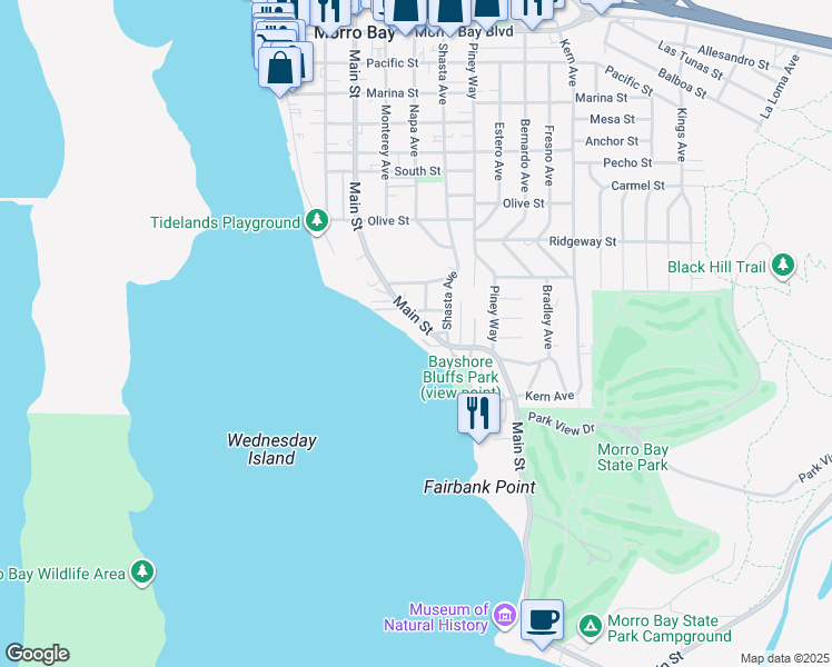 map of restaurants, bars, coffee shops, grocery stores, and more near 225 Main Street in Morro Bay