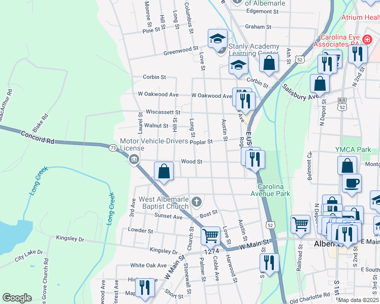 map of restaurants, bars, coffee shops, grocery stores, and more near 617 Long St in Albemarle