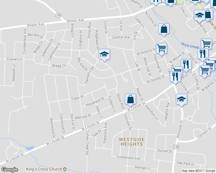 map of restaurants, bars, coffee shops, grocery stores, and more near 406 Foxboro Ln in Tullahoma
