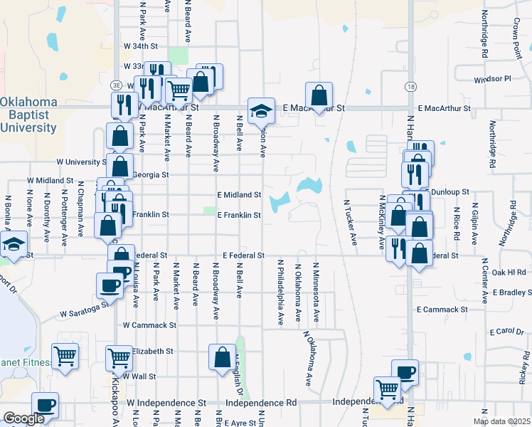 map of restaurants, bars, coffee shops, grocery stores, and more near 2203 North Union Avenue in Shawnee