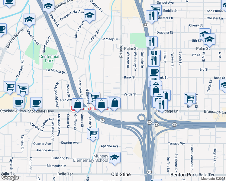 map of restaurants, bars, coffee shops, grocery stores, and more near 121 Real Road in Bakersfield