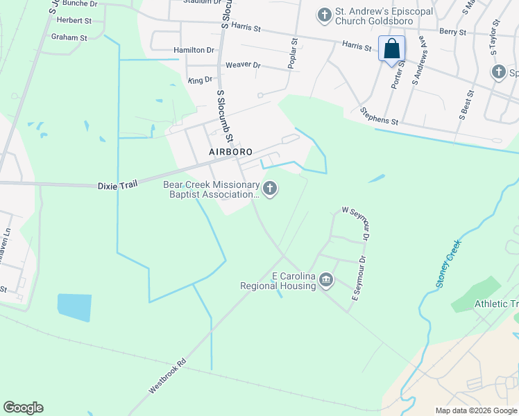 map of restaurants, bars, coffee shops, grocery stores, and more near 1804 South Slocumb Street in Goldsboro