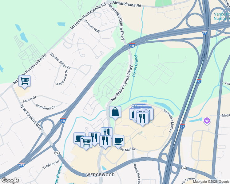 map of restaurants, bars, coffee shops, grocery stores, and more near 8524 Mason Andrew Way in Charlotte