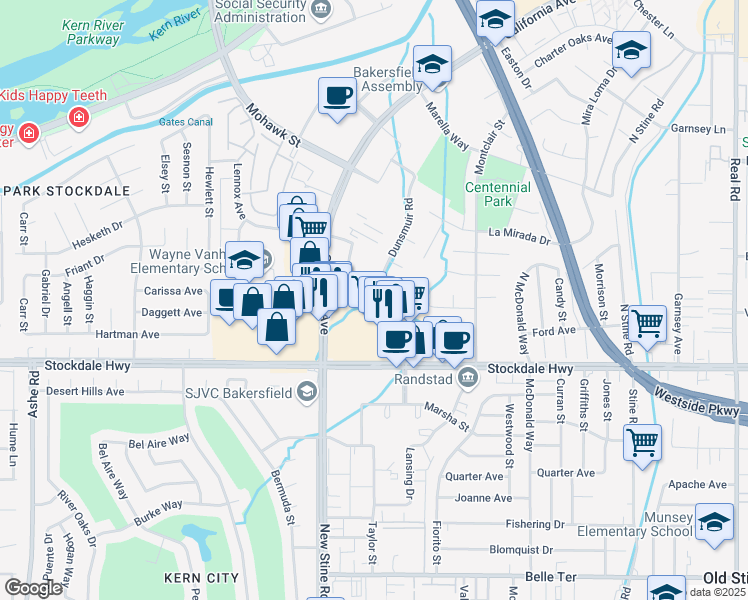 map of restaurants, bars, coffee shops, grocery stores, and more near 5500 Dunsmuir Road in Bakersfield