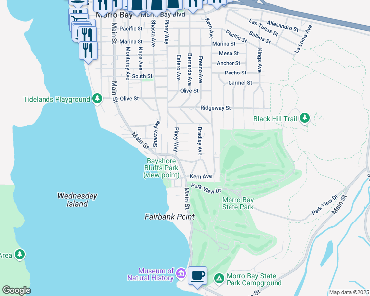 map of restaurants, bars, coffee shops, grocery stores, and more near 745 Sierra Court in Morro Bay