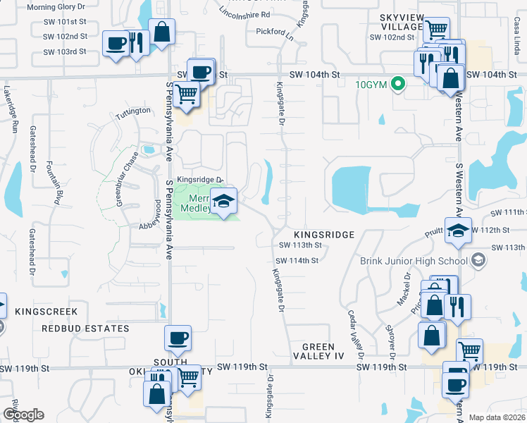 map of restaurants, bars, coffee shops, grocery stores, and more near 1425 Kingsridge Drive in Oklahoma City