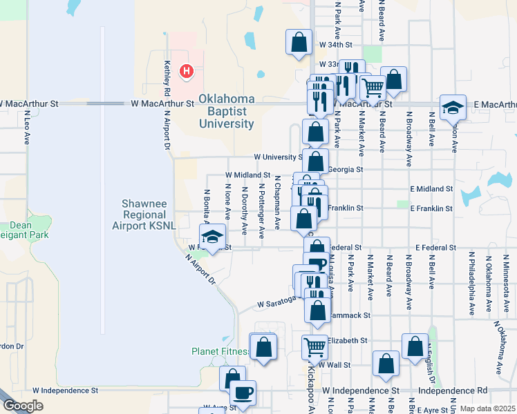 map of restaurants, bars, coffee shops, grocery stores, and more near 802 West Franklin Street in Shawnee